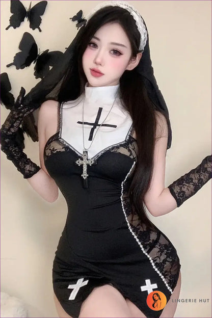 Nun Costume with Cross Applique Bodice - Gothic Romance - just in • Party • Role Play • Theme Parties - Lingerie Hut
