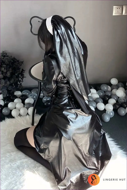 Nun Costume with Glossy Bib Collar - Midnight Confession - has Stockings / one Size - just in • Party • Role Play