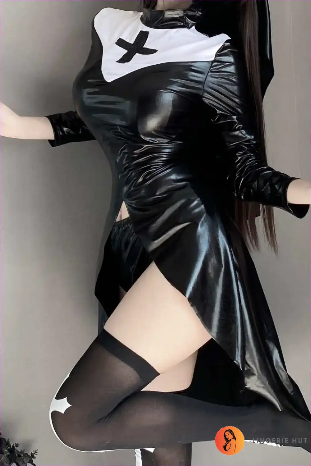 Nun Costume with Glossy Bib Collar - Midnight Confession - has Stockings / one Size - just in • Party • Role Play
