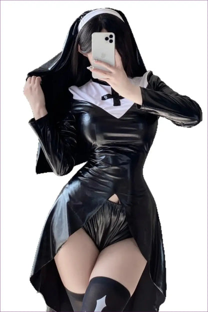 Nun Costume with Glossy Bib Collar - Midnight Confession - has Stockings / one Size - just in • Party • Role Play