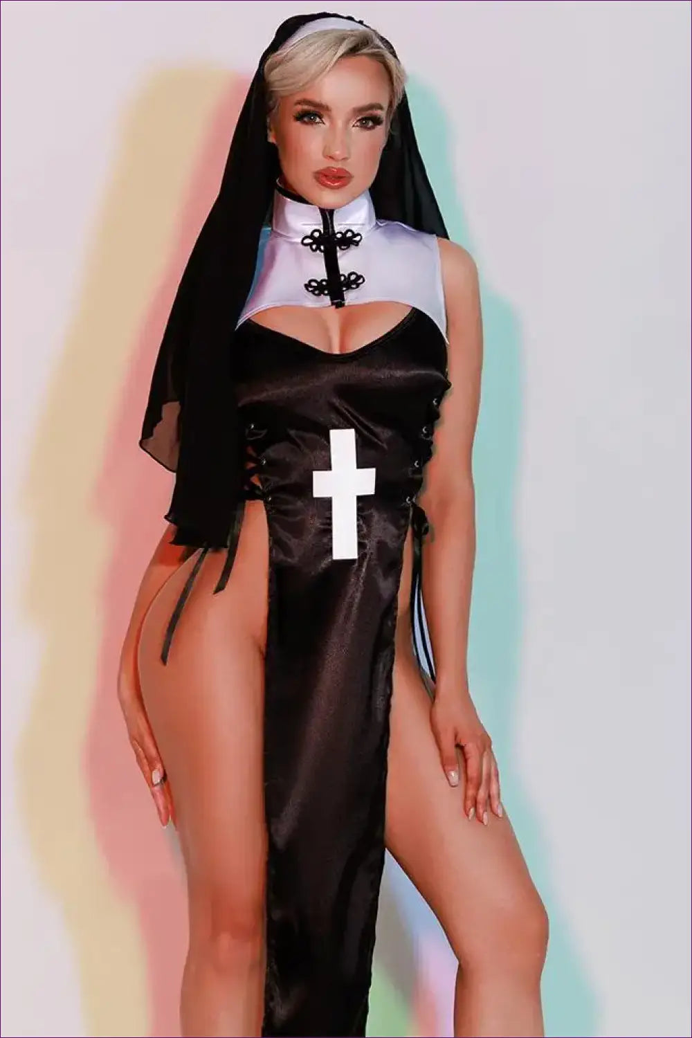 Nun Costume with High-slit Cross Bodice - Midnight Devotion - 5950 / one Size - just in • Party • Role Play • Theme
