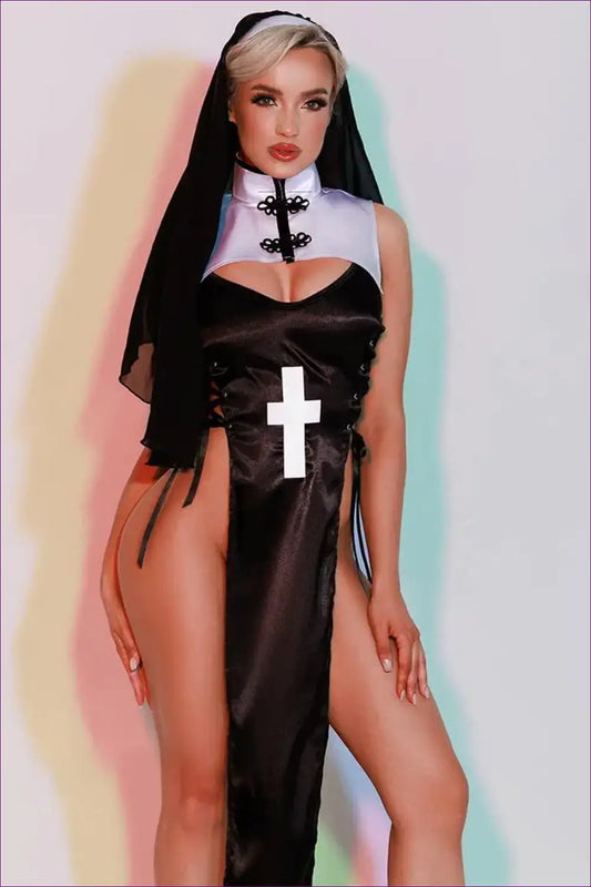 Nun Costume with High-slit Cross Bodice - Midnight Devotion - 5950 / one Size - just in • Party • Role Play • Theme
