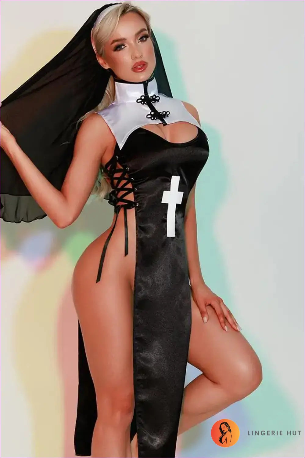 Nun Costume with High-slit Cross Bodice - Midnight Devotion - 5950 / one Size - just in • Party • Role Play • Theme
