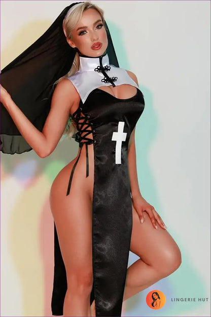 Nun Costume with High-slit Cross Bodice - Midnight Devotion - 5950 / one Size - just in • Party • Role Play • Theme