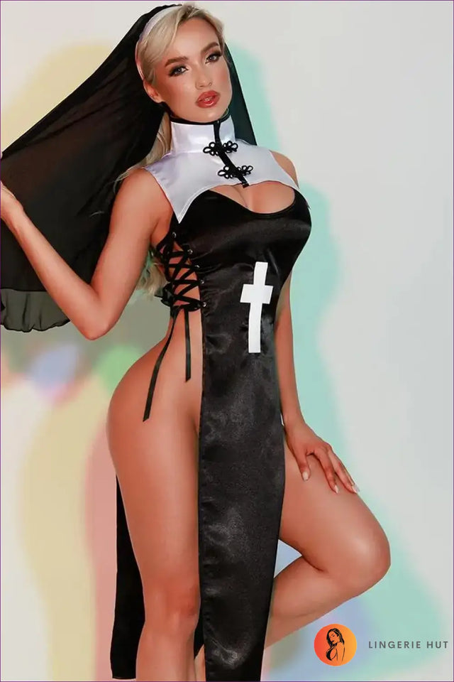 Nun Costume with High-Slit Cross Bodice - Midnight Devotion