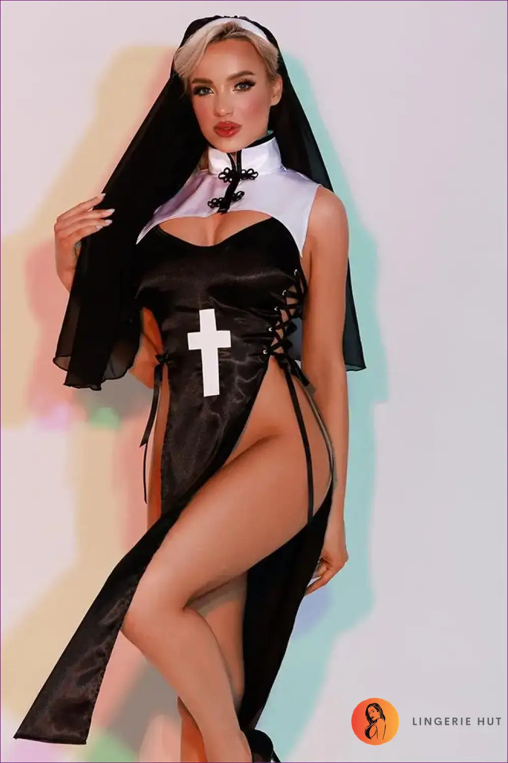 Nun Costume with High-slit Cross Bodice - Midnight Devotion - 5950 / one Size - just in • Party • Role Play • Theme