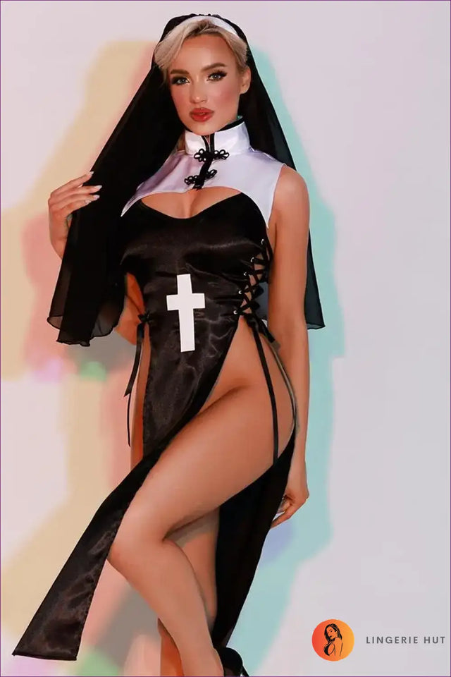 Nun Costume with High-Slit Cross Bodice - Midnight Devotion