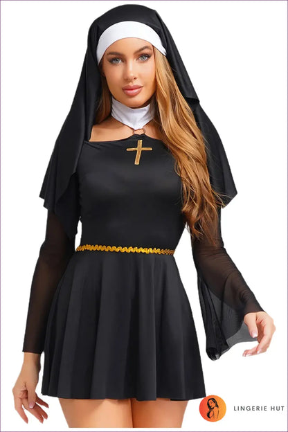 Nun Costume Set with Veil & Mesh Sleeves - Gothic Party Essential - Outfit - Evening Wear • Halloween • Mini - Lingerie