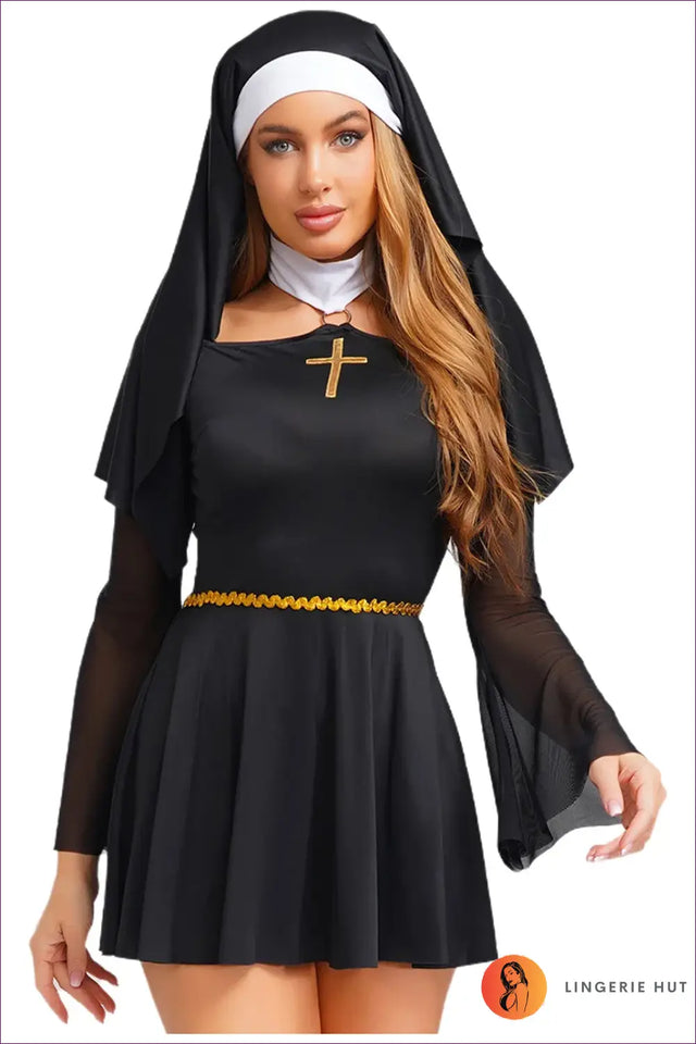 Nun Costume Set with Veil & Mesh Sleeves - Gothic Party Essential