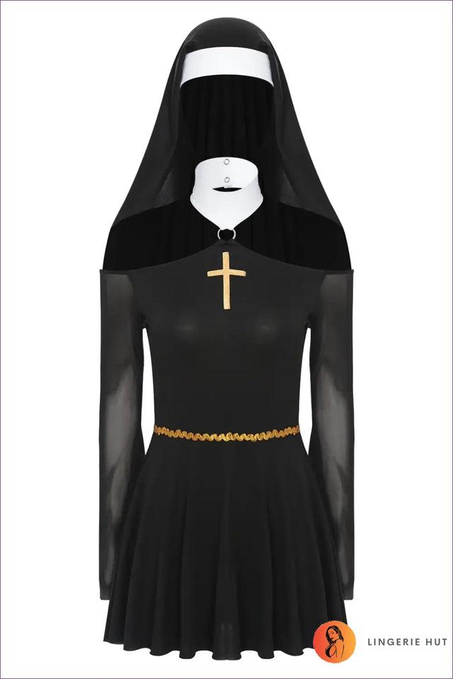 Nun Costume Set with Veil & Mesh Sleeves - Gothic Party Essential