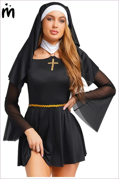 Nun Costume Set with Veil & Mesh Sleeves - Gothic Party Essential - Outfit - Evening Wear • Halloween • Mini - Lingerie