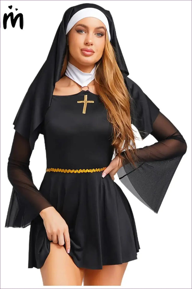 Nun Costume Set with Veil & Mesh Sleeves - Gothic Party Essential