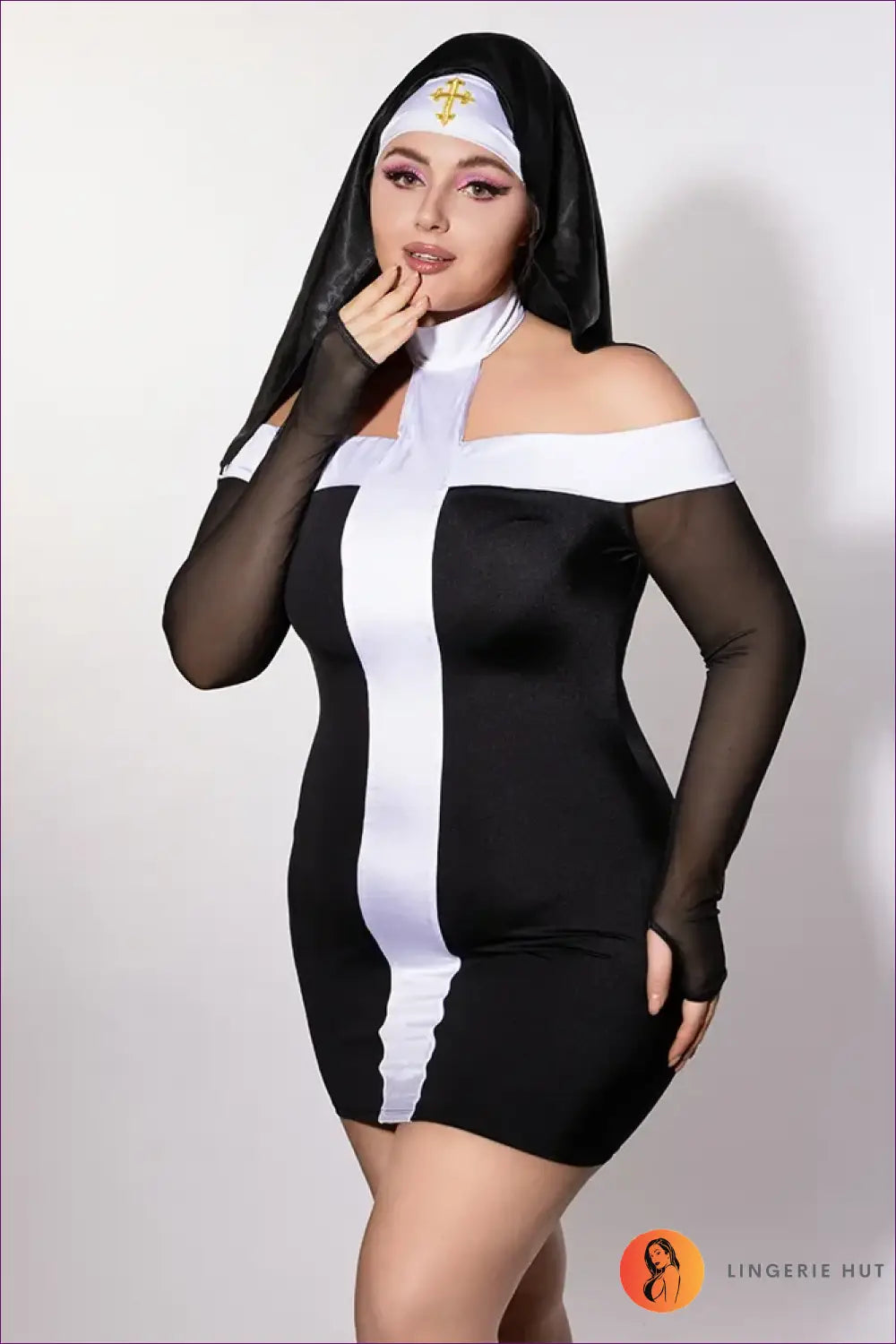 Nun Costume with Sheer Sleeve Detail - Bold Devotion - 01 / Xxl - just in • Party • Role Play • Theme Parties