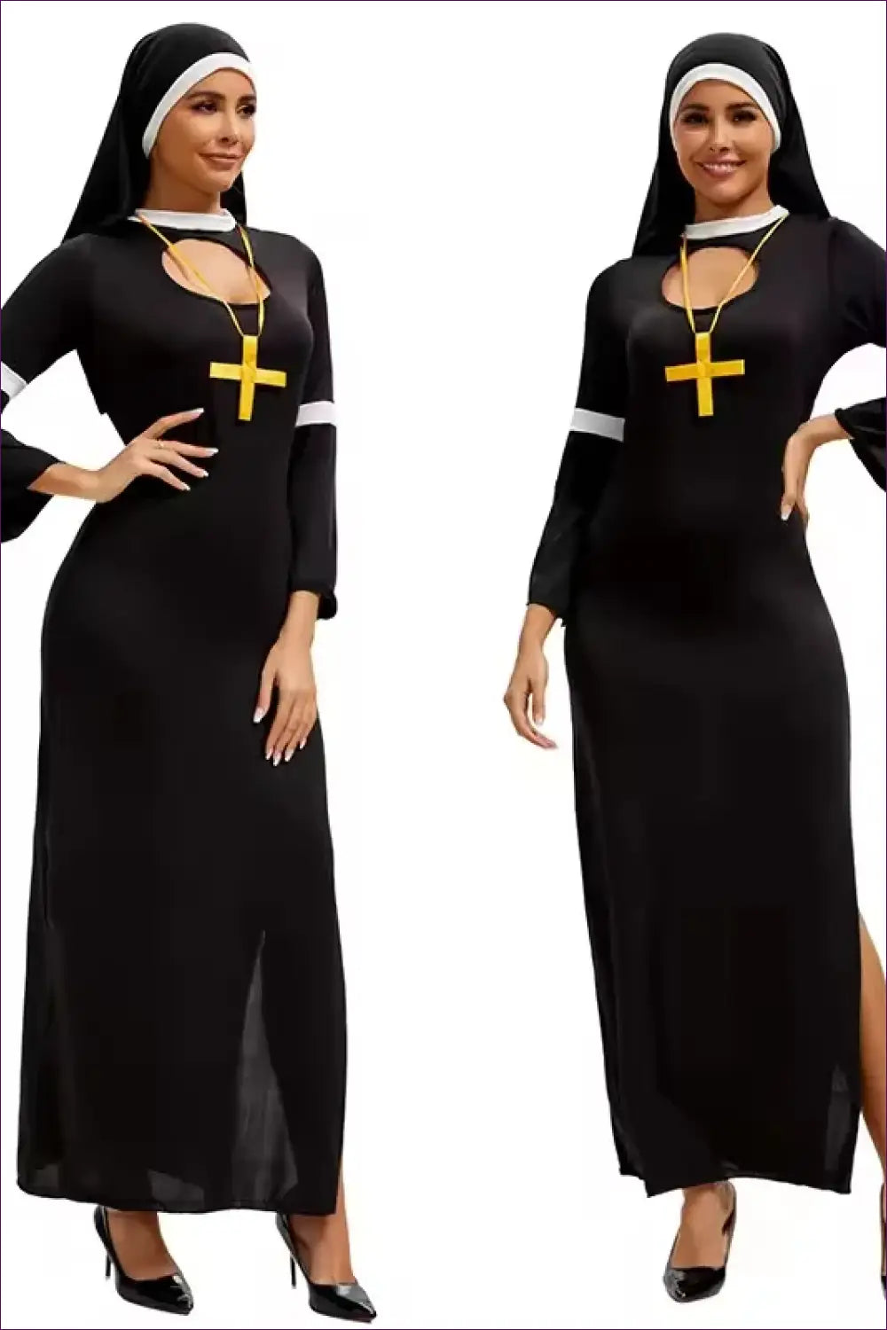 Nun Halloween Costume with Veil and Gold Cross - Party Set - Ed10120 / m - just in • Polyester - Lingerie Hut