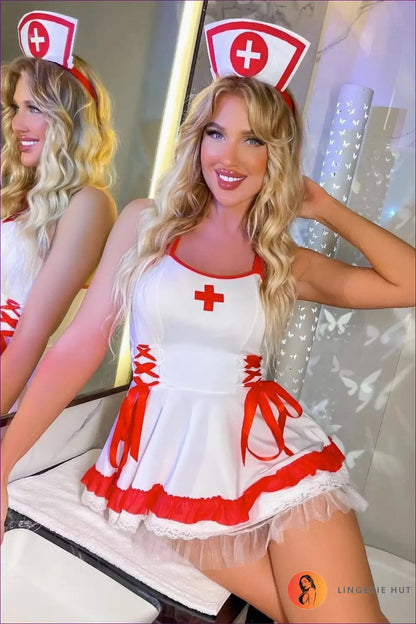 Nurse Cosplay Bodysuit - Lace-up Patchwork Detail for Costume, Lace, Night In, Out,