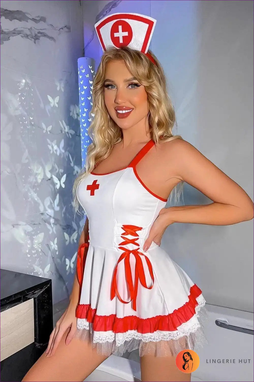 Nurse Cosplay Bodysuit - Lace-up Patchwork Detail for Costume, Lace, Night In, Out,