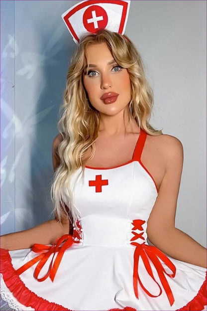 Nurse Cosplay Bodysuit - Lace-up Patchwork Detail for Costume, Lace, Night In, Out,