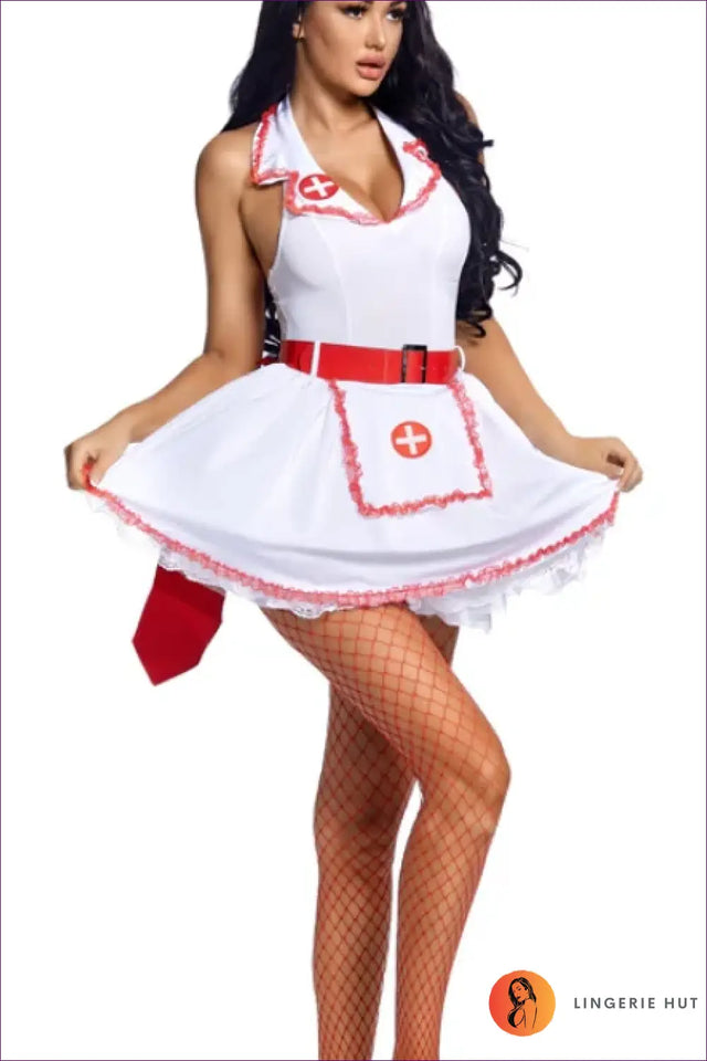 Nurse Costume with Apron and Fishnet Accents - Fantasy Roleplay Ready