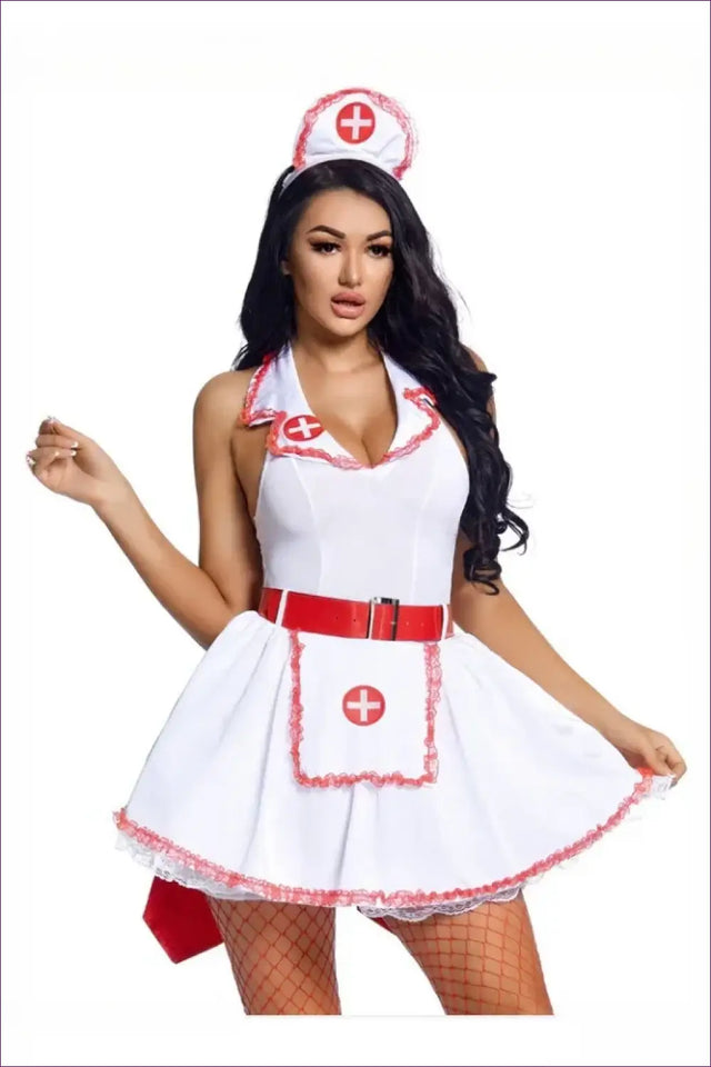 Nurse Costume with Apron and Fishnet Accents - Fantasy Roleplay Ready