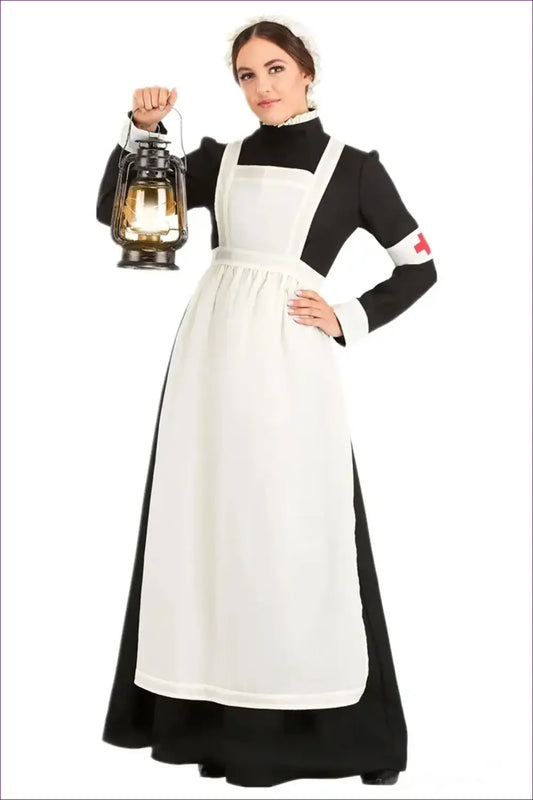 Nurse Costume with Apron & Headpiece - Vintage Roleplay Mood - Black / m - Outfit Set - Lingerie Hut - Autumn • Formal