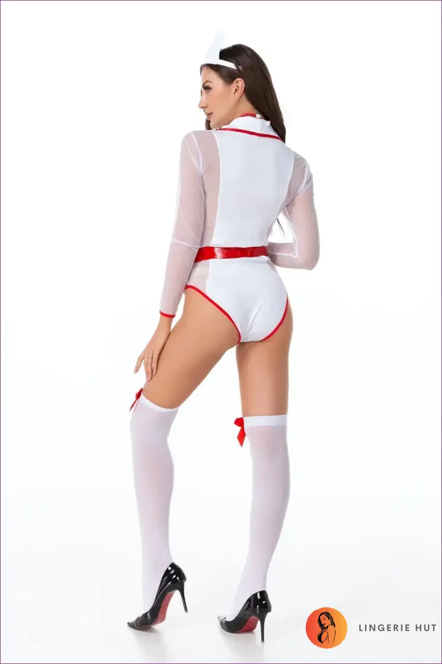 Nurse Costume Bodysuit with Mesh Sleeves and Belt - Confident Evenings