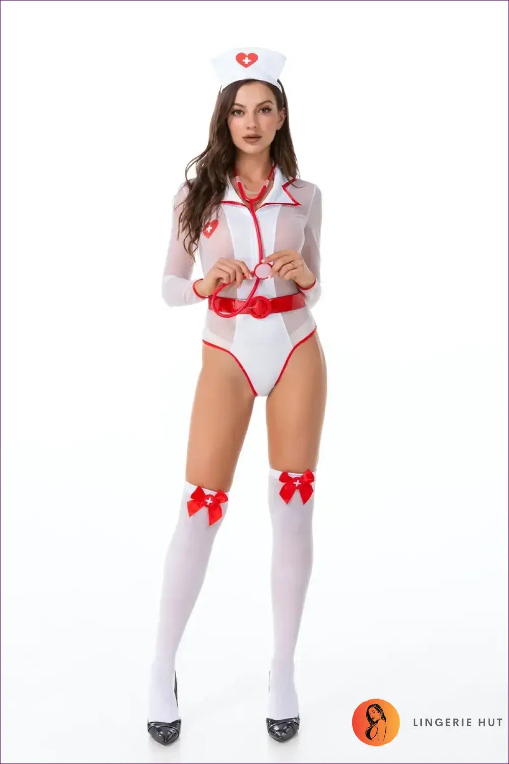 Nurse Costume Bodysuit with Mesh Sleeves and Belt - Confident Evenings - Clubwear • just in • Night out • Party