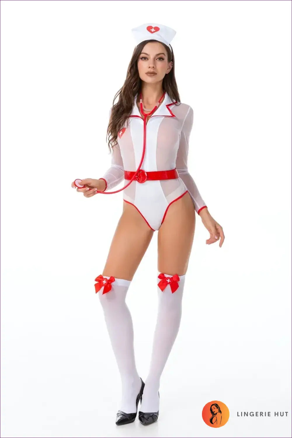Nurse Costume Bodysuit with Mesh Sleeves and Belt - Confident Evenings - Clubwear • just in • Night out • Party