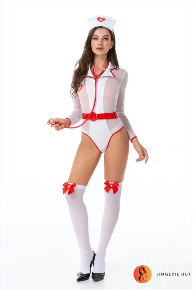 Nurse Costume Bodysuit with Mesh Sleeves and Belt - Confident Evenings