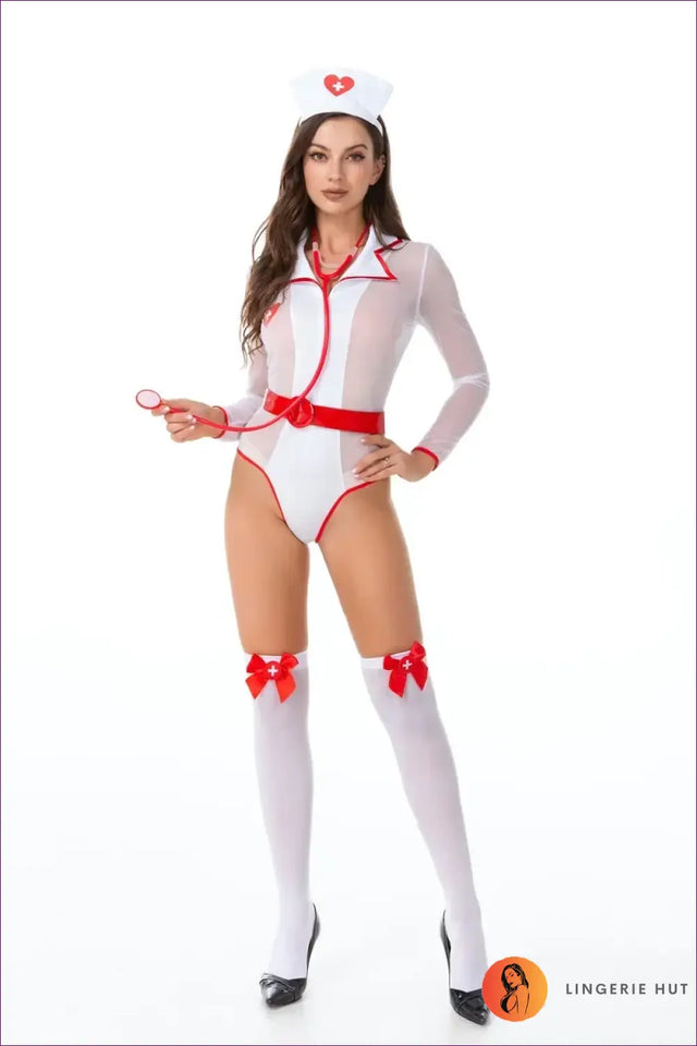 Nurse Costume Bodysuit with Mesh Sleeves and Belt - Confident Evenings