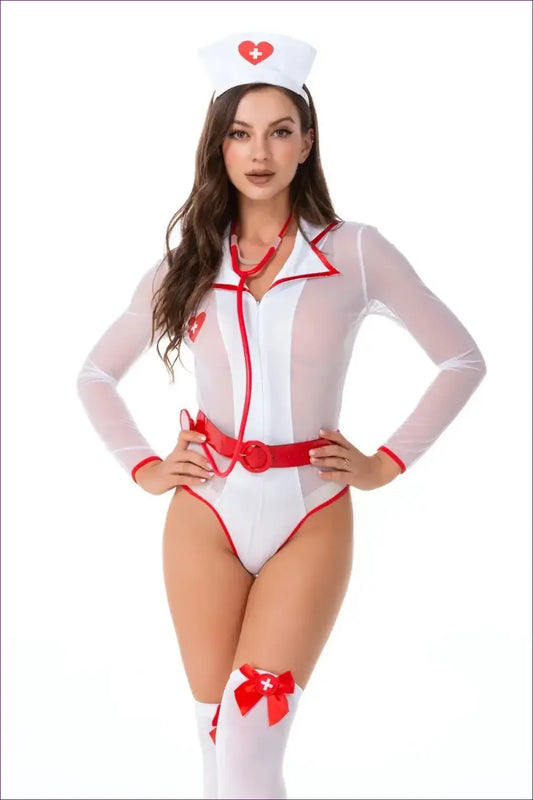 Nurse Costume Bodysuit with Mesh Sleeves and Belt - Confident Evenings - White / s - Clubwear • just in • Night