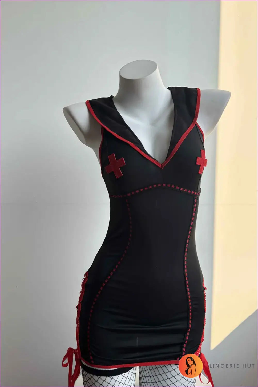 Nurse Costume with Cross Detail - Fantasy Roleplay Ready - Black / s - Lingerie Hut - Bodycon • Mini • Party