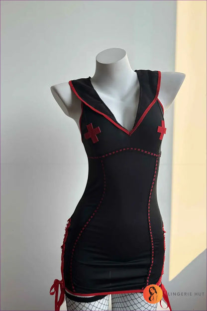 Nurse Costume with Cross Detail - Fantasy Roleplay Ready - Black / s - Lingerie Hut - Bodycon • Mini • Party