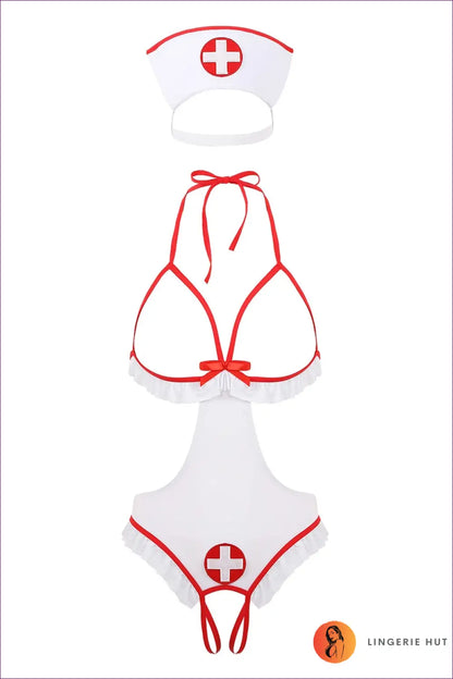Nurse Costume with Cupless Cut-out Ruffles - Playful Fantasy - White / s - Outfit Set - Lingerie - Hut - Maid • Plus