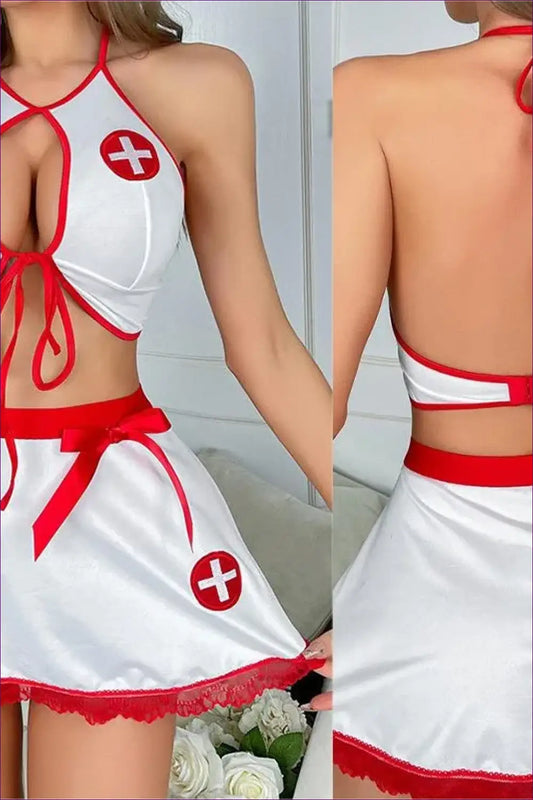 Nurse Costume with Deep v & Bow Detail - Confidence Unlocked - Outfit Set - Lingerie Hut - Boudoir • Cutout • Halter