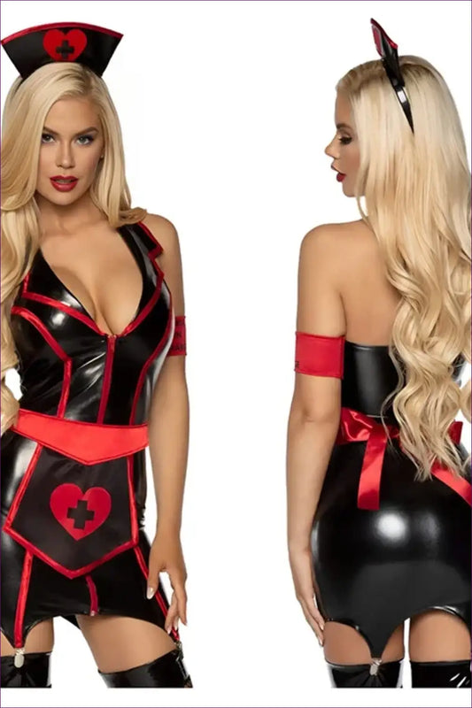 Nurse Costume with Glossy Finish - Fantasy Roleplay Energy - Outfit Set - Lingerie Hut - Bodycon • Evening Wear