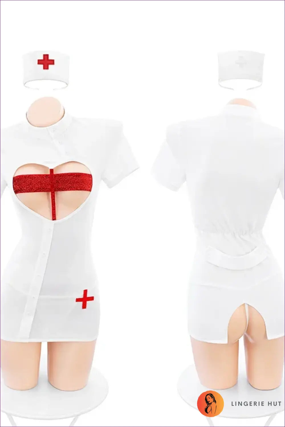 Nurse Costume with Heart Cut-out - Fantasy Roleplay Ready - Headband-dress-thong / 40-60kg - Outfit Set - Cutout