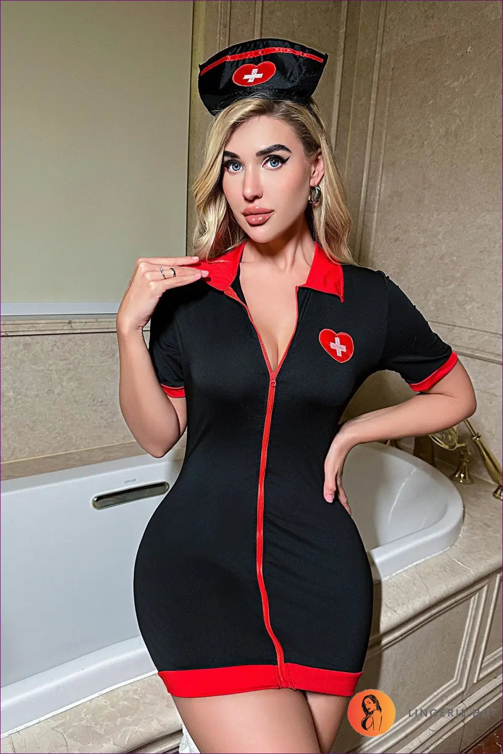 Nurse Costume with Heart Embroidery - Halloween • Party • Polyester • Sexy - Lingerie Hut