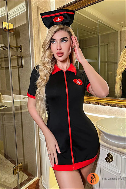 Nurse Costume with Heart Embroidery - s / Black - Halloween • Party • Polyester • Sexy - Lingerie Hut