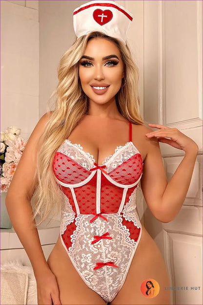 Nurse Costume Teddy with Lace & Heart Details - s / Multi - Cutout • just in • Lace • Mesh - Lingerie Hut