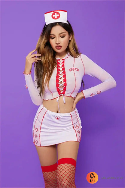 Nurse Costume with Lace-up Top and Mini Skirt - Bold Fantasy Mood for Boudoir, Costume, Fishnet, just In, Lace