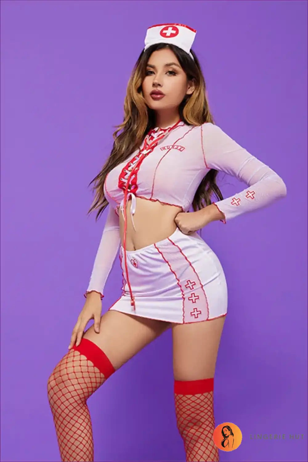 Nurse Costume with Lace-up Top and Mini Skirt - Bold Fantasy Mood for Boudoir, Costume, Fishnet, just In, Lace