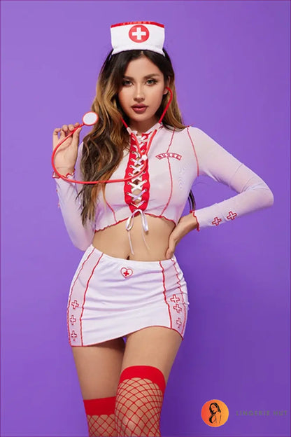 Nurse Costume with Lace-up Top & Mini Skirt - Fantasy Roleplay Ready - 01 / one Size - Outfit Set - Lace • Mesh • Night