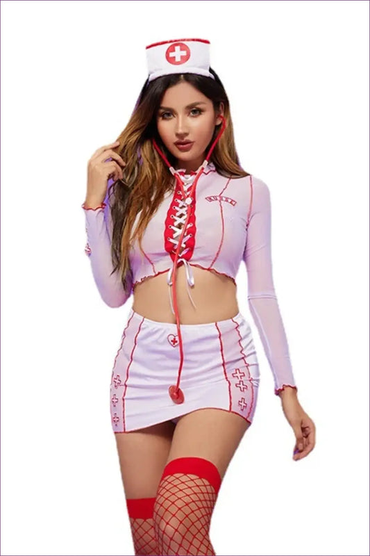 Nurse Costume with Lace-up Top & Mini Skirt - Fantasy Roleplay Ready - 01 / one Size - Outfit Set - Lingerie Hut