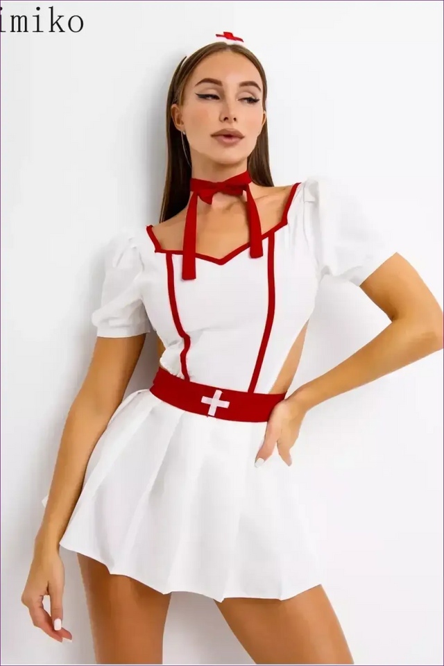 Nurse Costume with Puff Sleeves and Cut-Out Sides - Flirtatious Fantasy