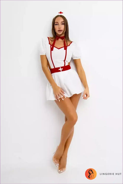 Nurse Costume with Puff Sleeves and Cut-out Sides - Flirtatious Fantasy for Boudoir, Choker, Clubwear,