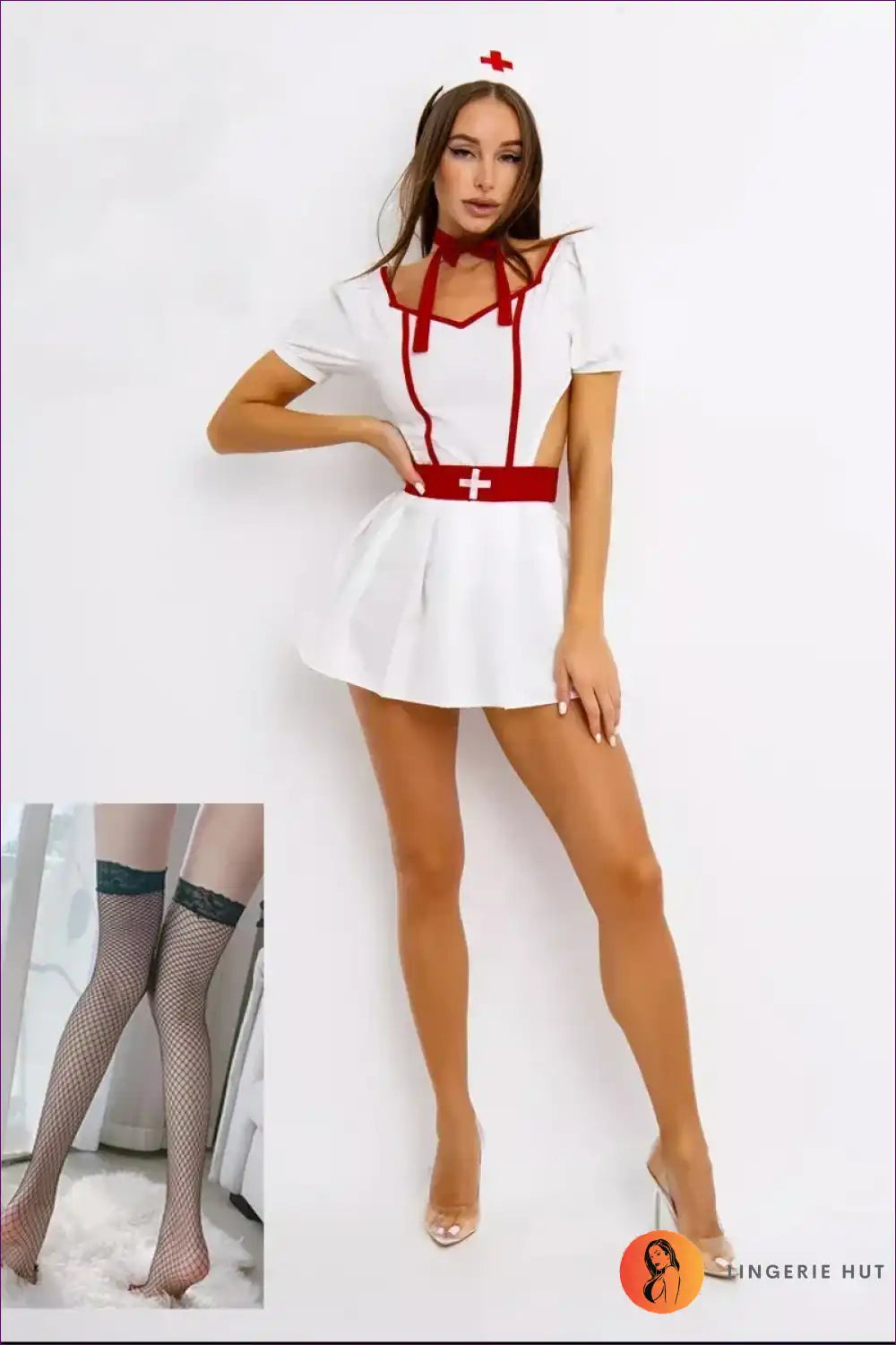 Nurse Costume with Puff Sleeves and Cut-out Sides - Flirtatious Fantasy for Boudoir, Choker, Clubwear,