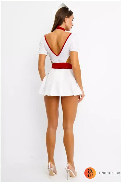 Nurse Costume with Puff Sleeves and Cut-out Sides - Flirtatious Fantasy for Boudoir, Choker, Clubwear,