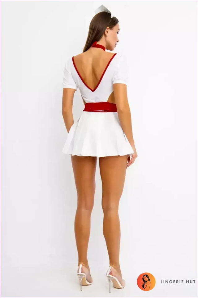 Nurse Costume with Puff Sleeves and Cut-Out Sides - Flirtatious Fantasy