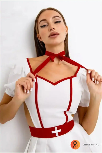 Nurse Costume with Puff Sleeves and Cut-out Sides - Flirtatious Fantasy for Boudoir, Choker, Clubwear,