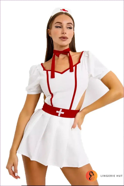 Nurse Costume with Puff Sleeves and Cut-out Sides - Flirtatious Fantasy for Boudoir, Choker, Clubwear,